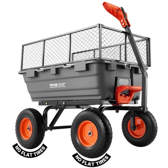 Chariot de jardin VEVOR avec fonction basculante, chariot robuste pouvant supporter jusquà 544 kg, chariot de transport pivotant à 270° pour le jardinage, en plastique et acier, avec pneusPolyuréthane13 pouces et grille métallique pour gazon, gravier et