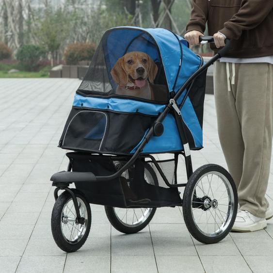 Chariot de jogging pliable pour chiens, avec 3 roues en caoutchouc adaptées aux terrains accidentés, protection solaire, fenêtres en filet, couleur bleue. Capacité : jusquà 20 kg. Dimensions : 111 x 58 x 107 cm. Livré avec un matelas de couchage