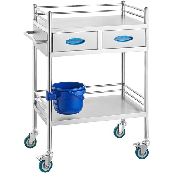 Chariot de laboratoire VEVOR, chariot à roulettes 2 couches en acier inoxydable, chariot médical avec deux tiroirs, chariot dentaire avec roues verrouillables et un seau, pour laboratoire, hôpital, usage dentaire