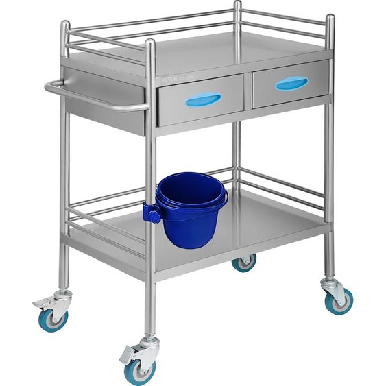 Chariot de laboratoire VEVOR, chariot à roulettes 2 couches en acier inoxydable, chariot médical avec deux tiroirs, chariot dentaire avec roues verrouillables et un seau, pour laboratoire, hôpital, usage dentaire