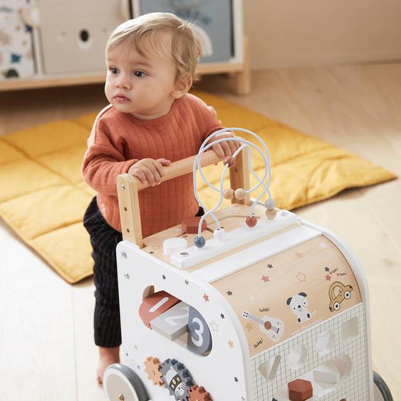 Chariot de marche cube dactivités avec freins en bois FSC® multicolore