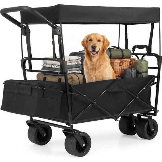 Chariot de plage COSTWAY 100 L pliable avec toit, chariot de plage avec poignée réglable et sac amovible, chariot à main jusquà 100 kg, chariot de jardin, chariot de transport