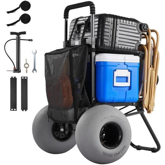 Chariot de plage VEVOR avec pneus ballon (12 pouces), chariot de plage pliable avec poignée en mousse réglable sur 4 niveaux et pompe, chariot à main (capacité de charge de 75 kg), chariot de plage idéal pour le camping et la pêche