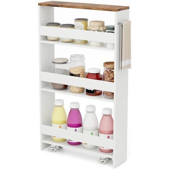 Chariot de Rangement à roulettes, Desserte de Cuisine à 4 Niveaux avec Poignée Latérale et Roues Universelles avec Freins, Design Étroit pour Petit