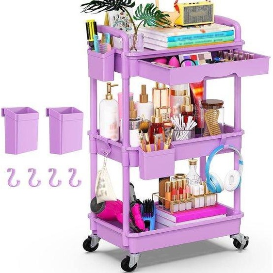 Chariot de rangement à trois niveaux avec plateau - Mallette à outils multifonctionnelle - En plastique, avec serrure à glissière et roulettes