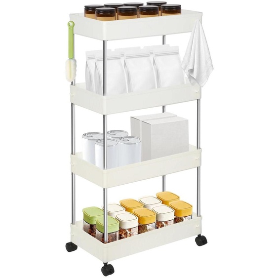 Chariot de rangement - Chariot à roulettes - 4 étages - Plastique - À monter - Pour la cuisine/la salle de bain/les produits de beauté/le bureau - Blanc