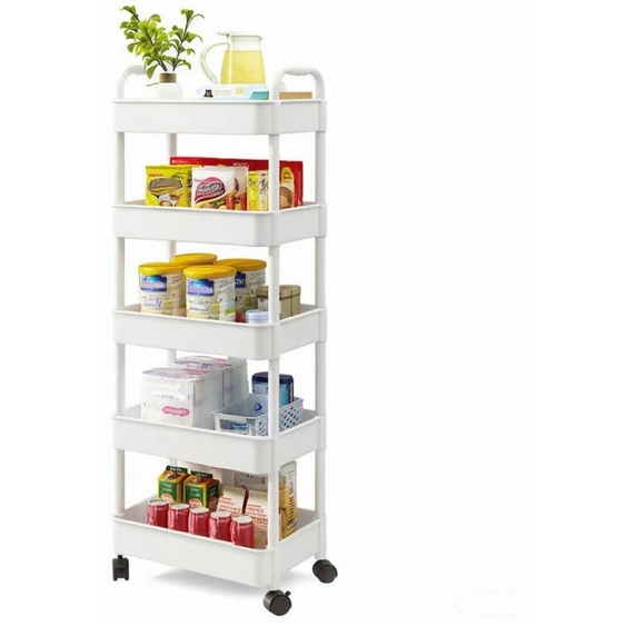 Chariot de rangement mobile - Chariot de cuisine à 5 niveaux - Étagère étroite sur roulettes - Roues pivotantes à 360° - Paniers en plastique avec cadre métallique - Idéal pour la cuisine et la buanderie - Blanc