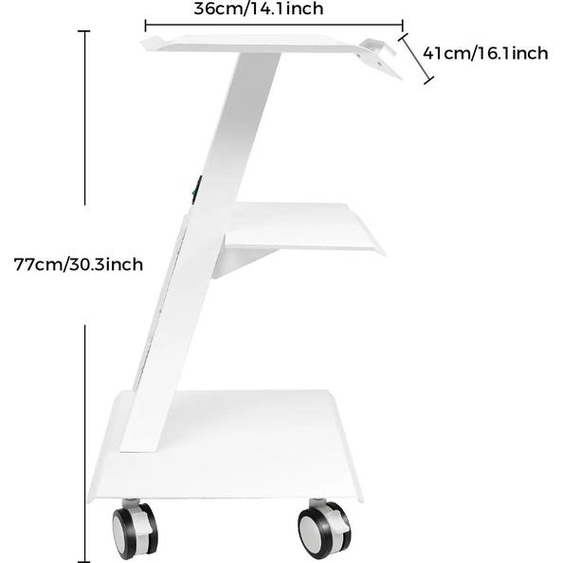 Chariot de salon - Chariot de coiffure - 3 niveaux - Acier inoxydable - Capacité 100 kg - Tablettes réglables - 3 prises électriques - 4 roulettes - Ivoire