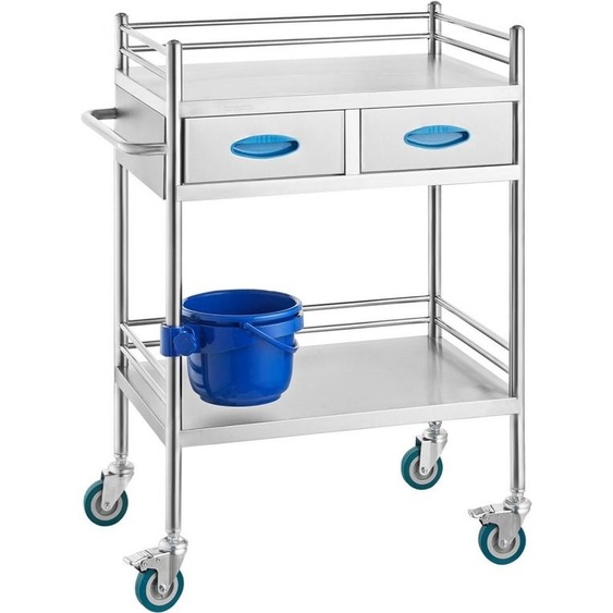 Chariot de service de laboratoire en acier inoxydable, 2 étagères, chariot médical pour dentistes avec 2 tiroirs, roues verrouillables et seau - Idéal pour les laboratoires, les hôpitaux et lutilisation en médecine dentaire