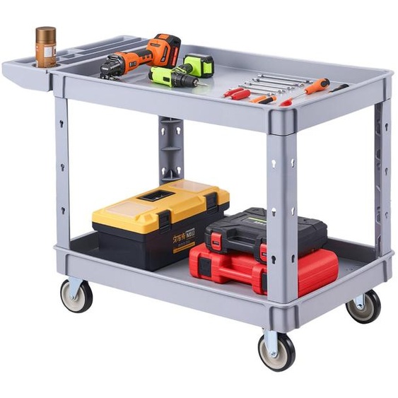 Chariot de service pour atelier - Chariot à outils en polypropylène - 2 niveaux - 4 roulettes - Capacité de charge : 250 kg - Dimensions : 114 x 61 x 84 cm - Avec poignée et compartiment de rangement - Couleur : gris