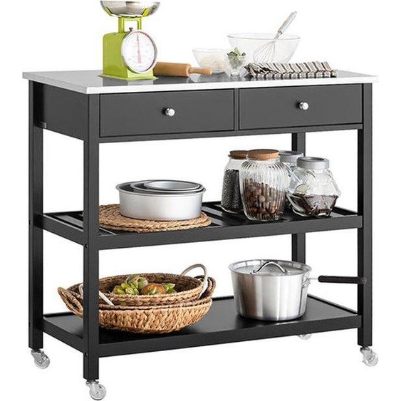 Chariot de service Simpletrade - Chariot de cuisine à 2 tiroirs - Acier inoxydable - MDF - Noir - 100 x 45 x 92 cm