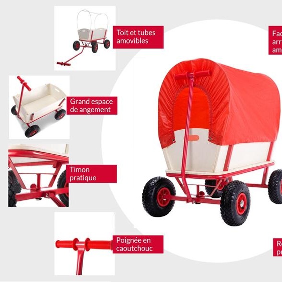 Chariot de transport bois max. 180kg rouge 4 roues pneumatiques profilées tubes acier chariot de jardin charrette brouette remorque