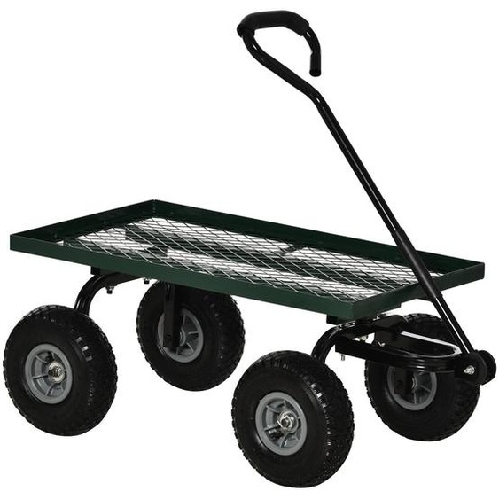 Chariot de transport jardin remorque  main charrette  bras 4 roues 94L x 48,5l x 100H cm charge max. 150 Kg mtal vert