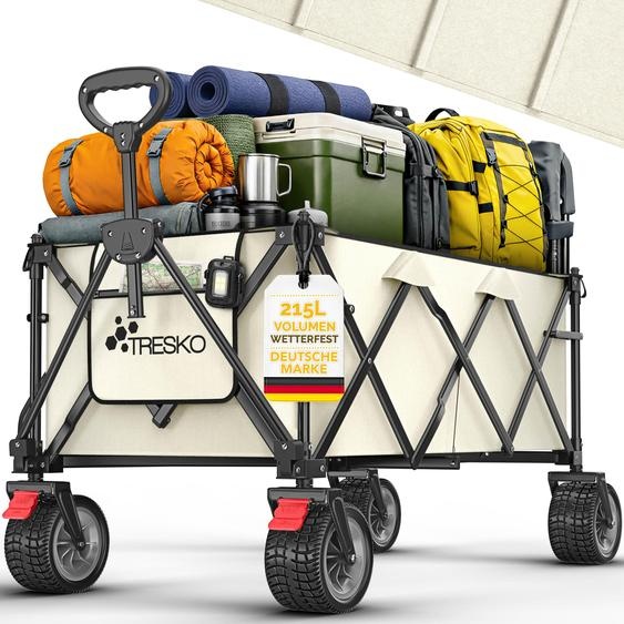 Chariot pliable TRESKO® 215 L avec frein | Chariot à main pliable 150 kg avec pneus en caoutchouc plein | Chariot de plage pliable à roues tout-terrain extra-larges | Chariot de transport avec sac de rangement