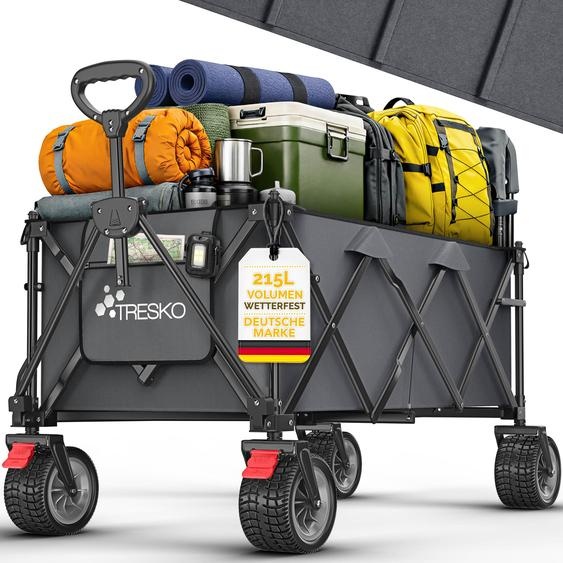 Chariot pliable TRESKO® 215 L avec frein | Chariot à main pliable 150 kg avec pneus en caoutchouc plein | Chariot de plage pliable à roues tout-terrain extra-larges | Chariot de transport avec sac de rangement