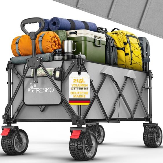 Chariot pliable TRESKO® 215 L avec frein | Chariot à main pliable 150 kg avec pneus en caoutchouc plein | Chariot de plage pliable à roues tout-terrain extra-larges | Chariot de transport avec sac de rangement