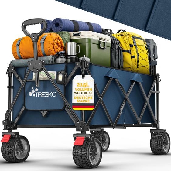 Chariot pliable TRESKO® 215 L avec frein | Chariot à main pliable 150 kg avec pneus en caoutchouc plein | Chariot de plage pliable à roues tout-terrain extra-larges | Chariot de transport avec sac de rangement