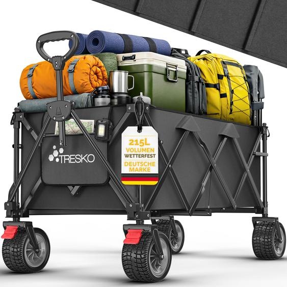 Chariot pliable TRESKO® 215 L avec frein | Chariot à main pliable 150 kg avec pneus en caoutchouc plein | Chariot de plage pliable à roues tout-terrain extra-larges | Chariot de transport avec sac de rangement