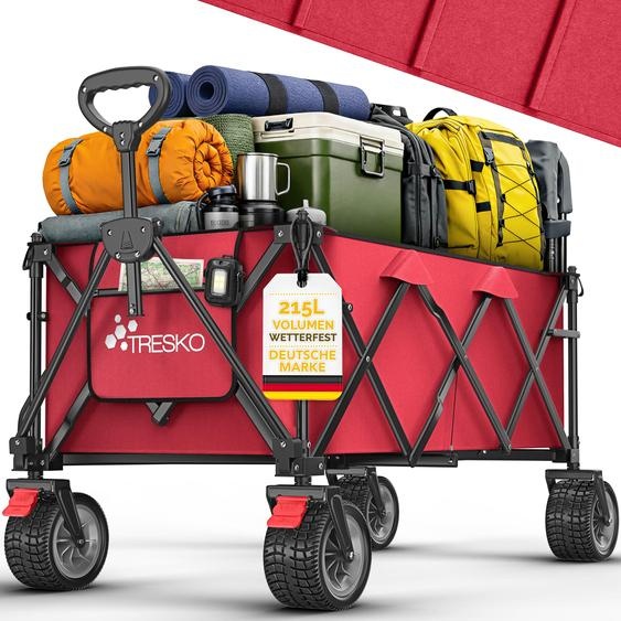 Chariot pliable TRESKO® 215 L avec frein | Chariot à main pliable 150 kg avec pneus en caoutchouc plein | Chariot de plage pliable à roues tout-terrain extra-larges | Chariot de transport avec sac de rangement