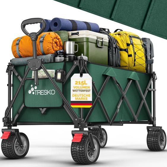 Chariot pliable TRESKO® 215 L avec frein | Chariot à main pliable 150 kg avec pneus en caoutchouc plein | Chariot de plage pliable à roues tout-terrain extra-larges | Chariot de transport avec sac de rangement