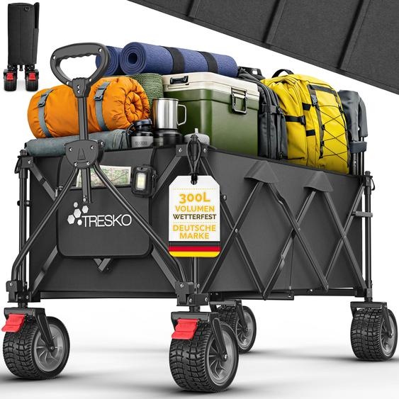 Chariot pliant TRESKO® 300 L avec frein, noir | Chariot à main pliable, capacité 150 kg, avec pneus en caoutchouc plein | Chariot de plage pliable avec roues tout-terrain extra-larges | Chariot de jardin et de transport avec sac de rangement