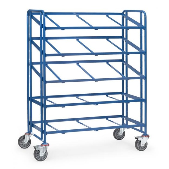 Chariot pour bacs euro Fetra avec 5 cadres ouverts sur les plateaux pour 3 bacs euro chacun