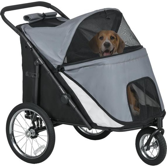 Chariot pour chien pliable, poussette pour chien pliable, poussette pour animaux de compagnie avec coussin de couchage, couleur gris | Polyester Oxford | Cadre en acier | 111 x 70 x 97,5 cm