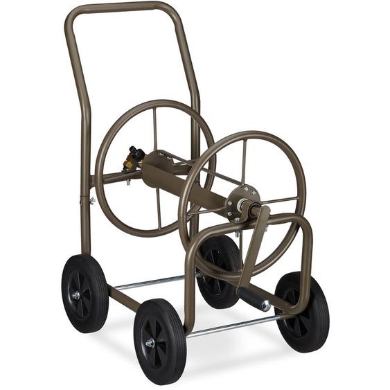 Chariot pour tuyau xl, tambour mobile métallique, pour tuyau de 60 m, enroulement à 90 °, avec des roues, brun - Relaxdays
