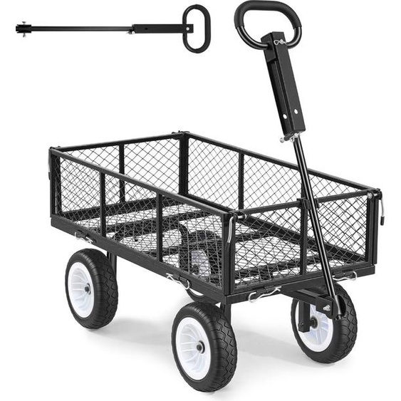Chariot robuste SucceBuy avec une capacité de charge de 408,2 kg, chariot de jardin avec pneus en PU, chariot de transport avec poignée réglable et parois latérales amovibles, chariot à main à fixer sur un quad ou un tracteur, noir