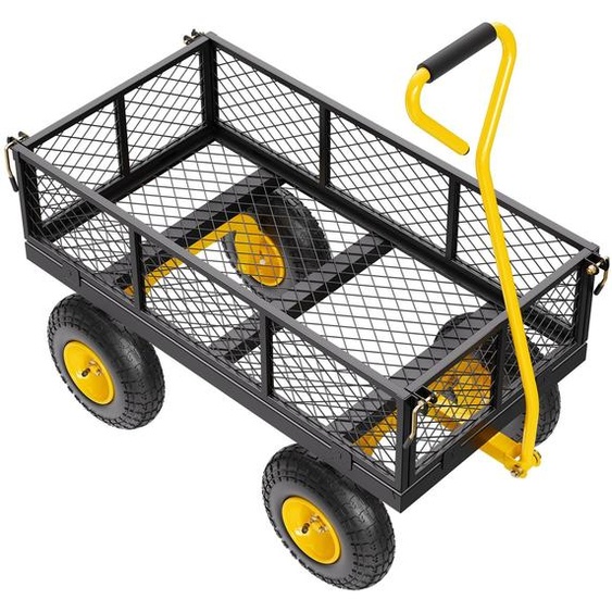 Chariot de transport de 226,80 kg, chariot de jardin, chariot utilitaire, chariot à main avec de grandes roues tout-terrain, des panneaux latéraux amovibles en filet et une poignée pivotante à 180°, couleur jaune et noir