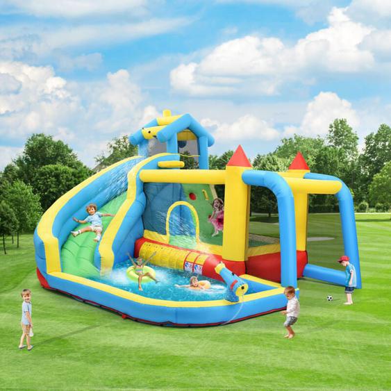 Château Gonflable 5 en 1 avec Souffleur,550-750W,Extérieur Toboggan-Aquatique-Filet de football-Pistolet à eau,364x315x239cm,Tissu Oxford