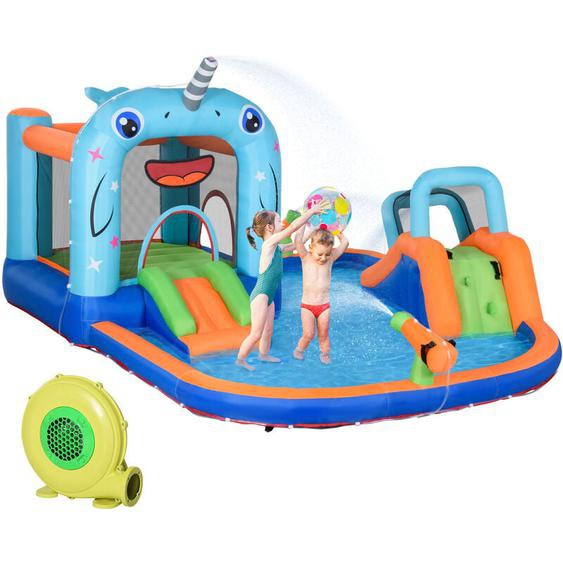 Château gonflable enfant - trampoline, toboggans, piscine, mur descalade, panier, pistolets eau, gonfleur, sac transport - polyester multicolore