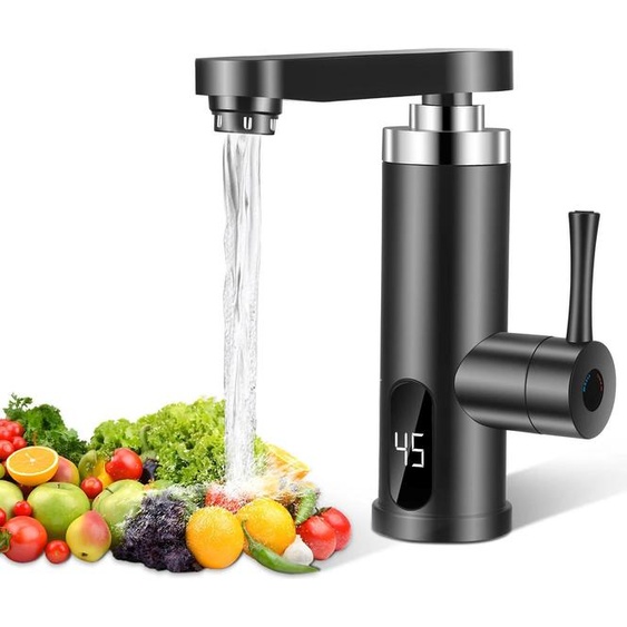 Chauffe-eau instantané, acier inoxydable, rotation 360 degrés, noir