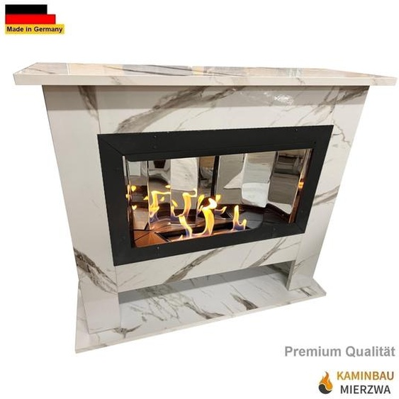 Cheminée à gel et éthanol Lanah Deluxe blanc marbré Chambre de combustion réfléchissante