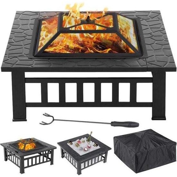 cheminée de jardin 3 en 1 81 x 81 x 36,5 cm, bac à feu carré, corbeille à feu avec couvercle et grille pare-étincelles, foyer pour terrasse, cheminée de table, plein air, camping, feu de camp, chauffage