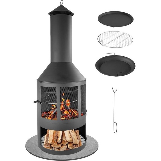 Cheminée de jardin avec grille et poêle, cheminée dextérieur de 136 cm avec porte de protection contre les étincelles, cheminée de jardin pour bois avec conduit de cheminée, foyer de terrasse avec étagère pour bois, brasero et four de jardin
