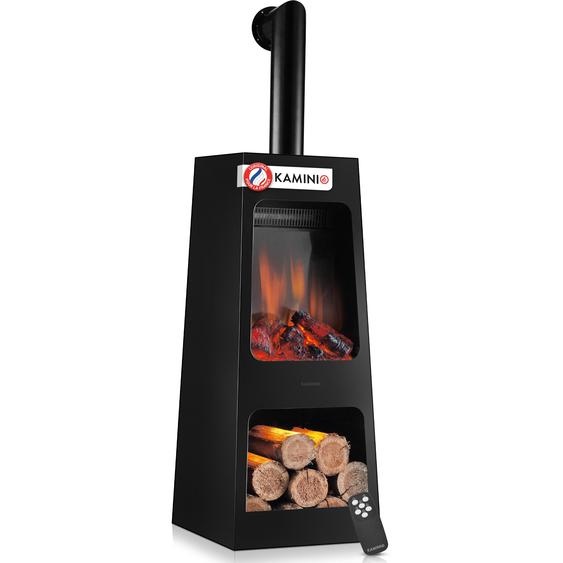 Cheminée de jardin électrique KAMINIO KAI L avec tuyau de poêle -  Chauffage de terrasse électrique avec chauffage, effet de flammes en 3D, compartiment à bois, éclairage dambiance LED, télécommande