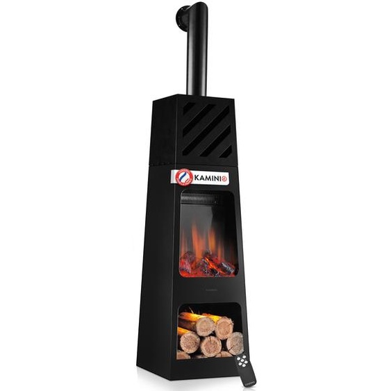 Cheminée de jardin électrique KAMINIO KAI XL avec tuyau de poêle -  Poêle de terrasse électrique avec chauffage, effet de flammes en 3D, compartiment à bois, éclairage dambiance LED, télécommande