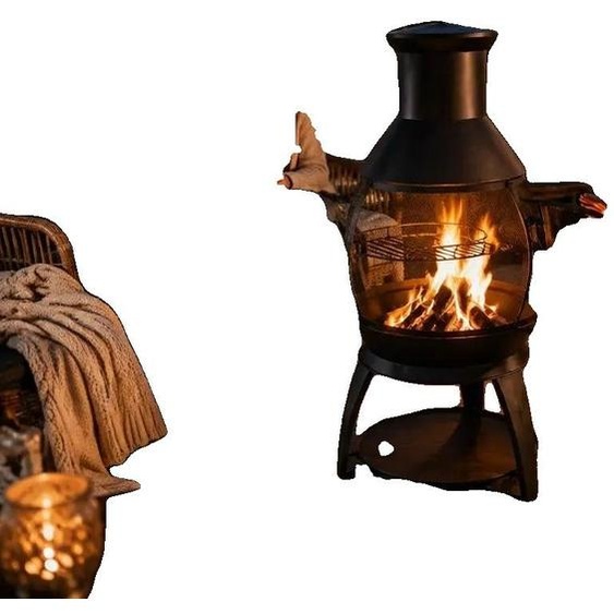 Cheminée de jardin, foyer extérieur, avec grille de barbecue intégrée, couleur noire