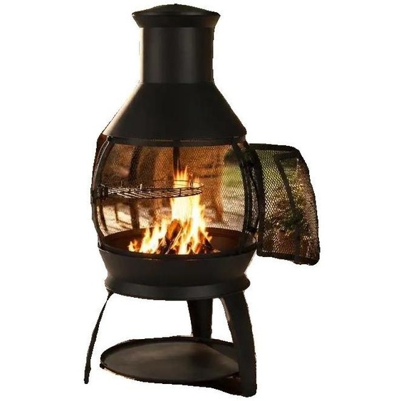 Cheminée extérieure, structure en fer, système de chauffage et de grill multifonctionnel, couleur noire