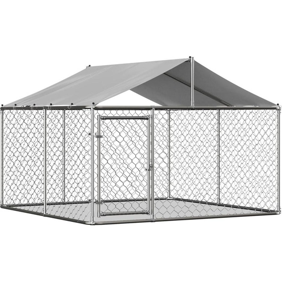 Chenil pour chien Argent 230 x 230 x 117 cm avec toit, tube en acier galvanisé et porte verrouillable, résistant aux UV et à leau
