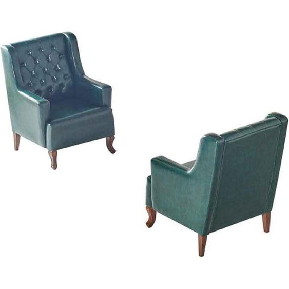 Chesterfield Fauteuil Set Vert Boutons Classique 1 place Cuir Bois Souple