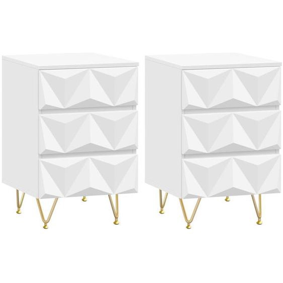 Chevet EUGAD Lot de 2, 3 Tiroirs à Effet 3D, Table de Nuit Moderne, MDF et Métal, Blanc+Doré E0EG0059-2