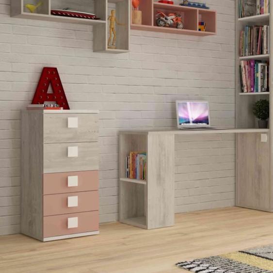 Chiffonnier 5 tiroirs en bois gris clair et rose - CF9071 - Rose - Terre de Nuit
