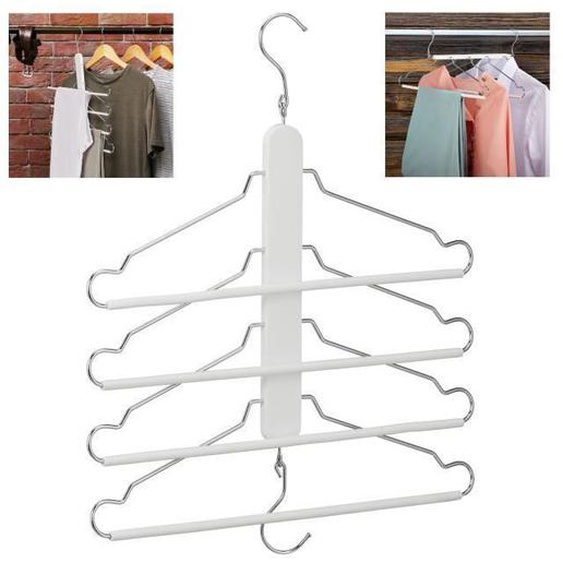 Relaxdays Cintre multiple, 4 x avec traverse pour pantalon, bois, métal, porte-chemises, peu encombrant, armoire, blanc