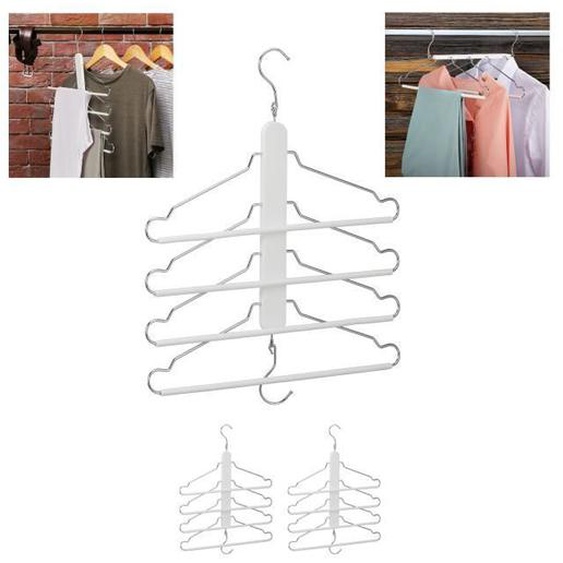 3x Cintres multiples, 4 x avec traverse pour pantalon, bois, métal, porte-chemises, peu encombrant, armoire, blanc