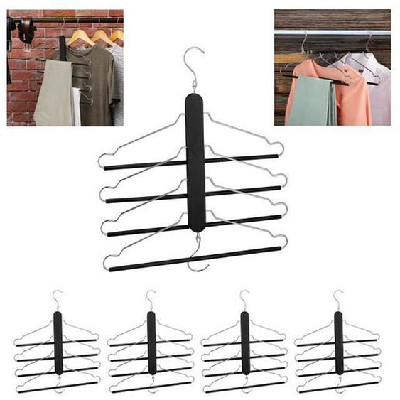 5x Cintres multiples, 4 x chaque avec traverse pour pantalon, bois, métal, porte-chemises, peu encombrant, armoire, noir