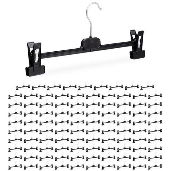 Cintres à pantalon, lot de 100, plastique, pinces pour jupes, antidérapant, 14 x 36 x 3 cm, noir