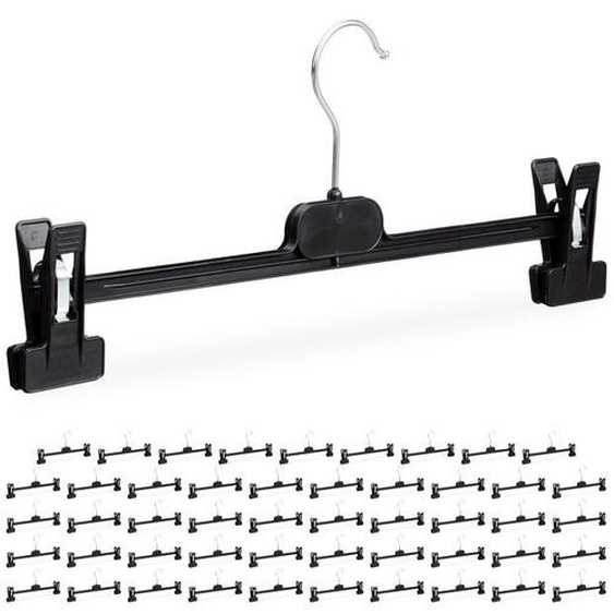 Cintres à pantalon, lot de 50, plastique, pinces pour jupes, antidérapant, 14 x 36 x 3 cm, noir