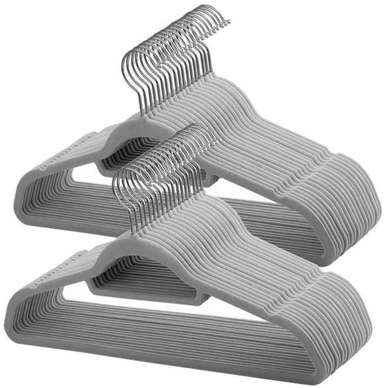 Set van 50 Anti-slip kleerhangers, dunne Kledinghangers met Fluweel, Kapstokken met Broeklat of Roklat, Grijs